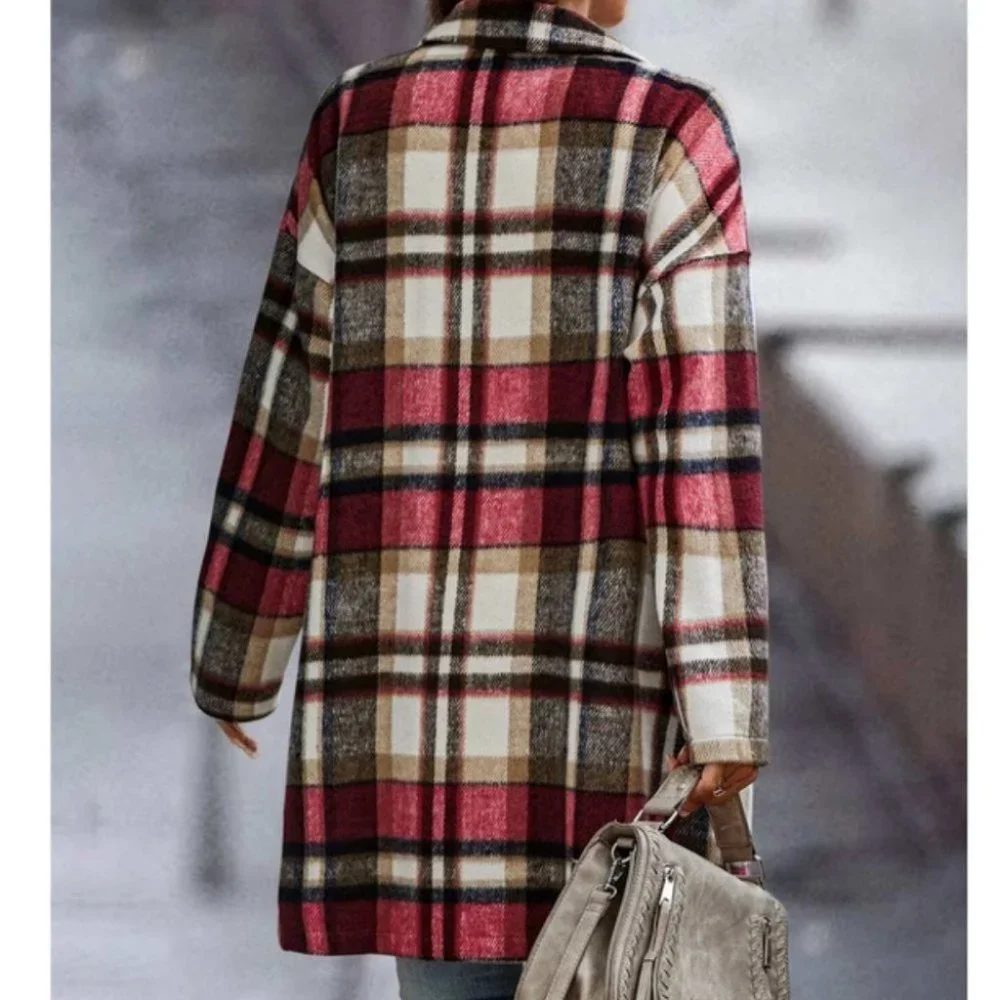 Double Pocket Lapel Neck Plaid print Casual Overcoat Jacket red - Picture 3 of 6